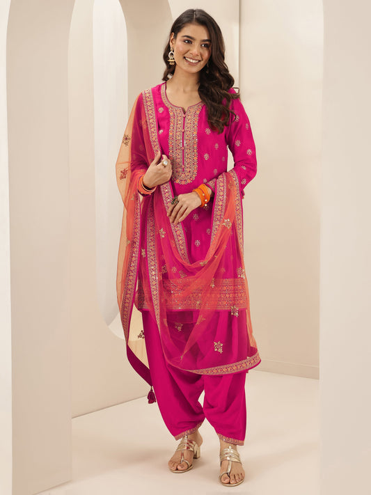 Pink Self Design Silk Blend Straight Suit Sets With Dupatta