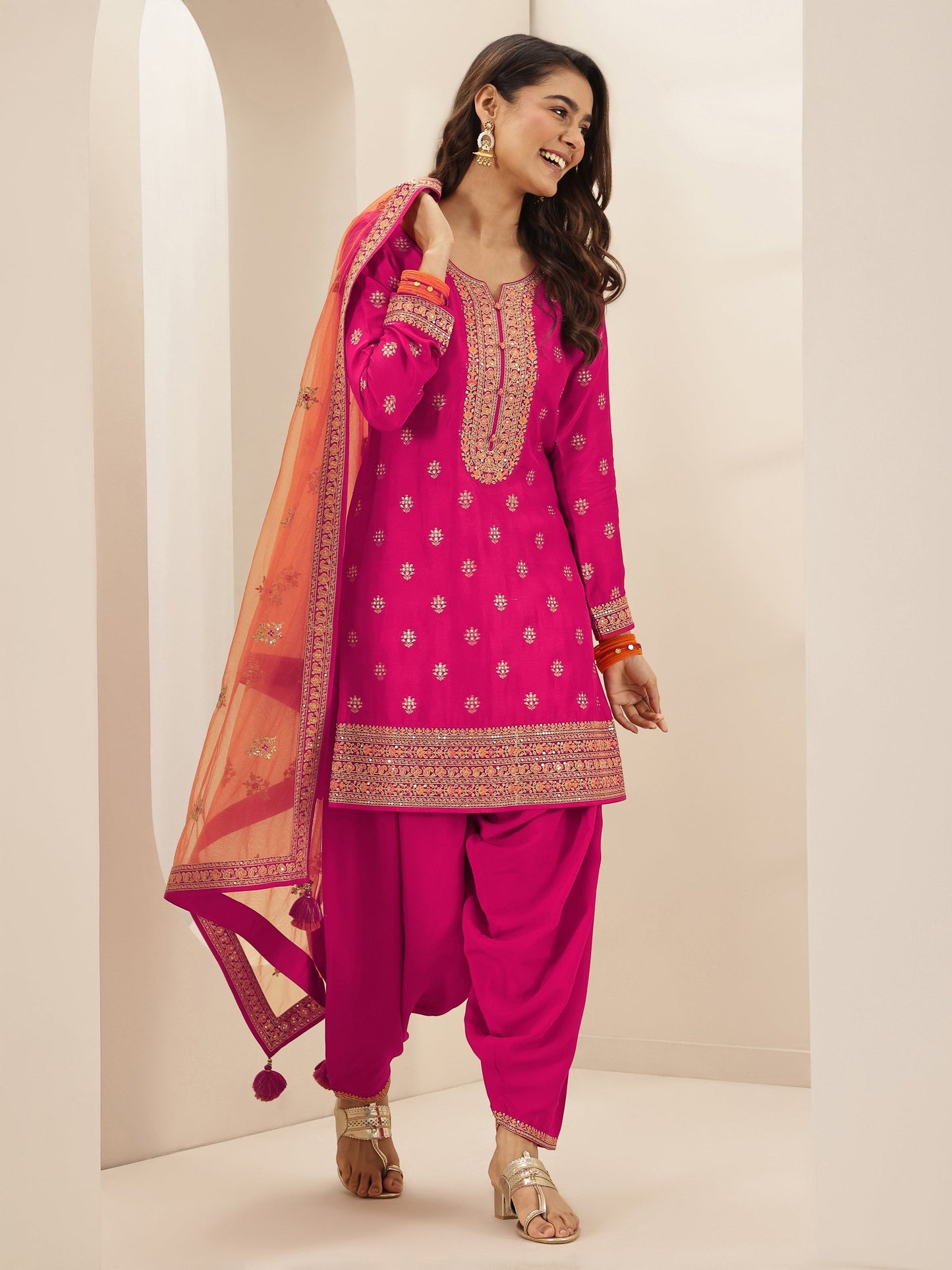 Pink Self Design Silk Blend Straight Suit Sets With Dupatta