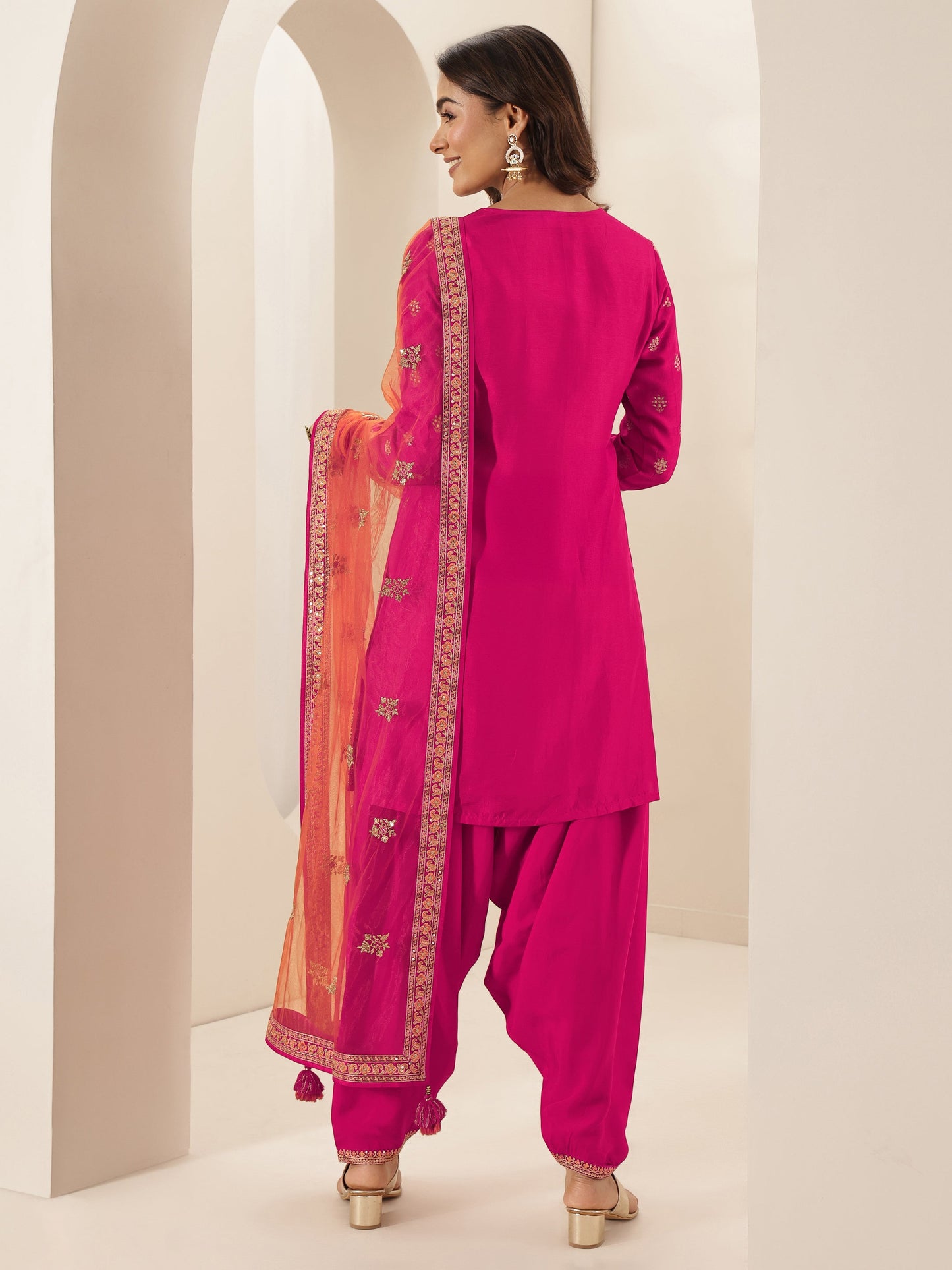 Pink Self Design Silk Blend Straight Suit Sets With Dupatta