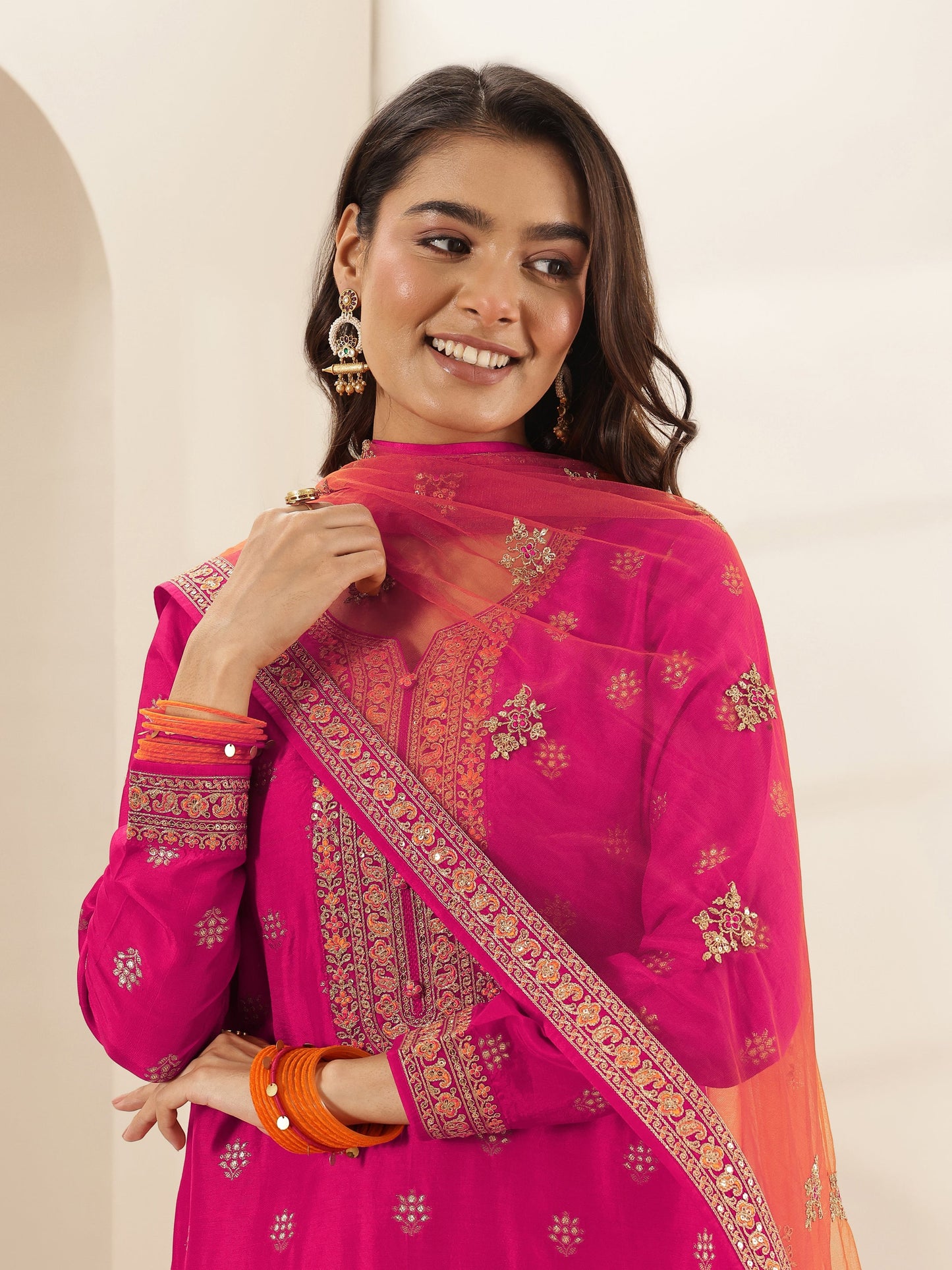 Pink Self Design Silk Blend Straight Suit Sets With Dupatta