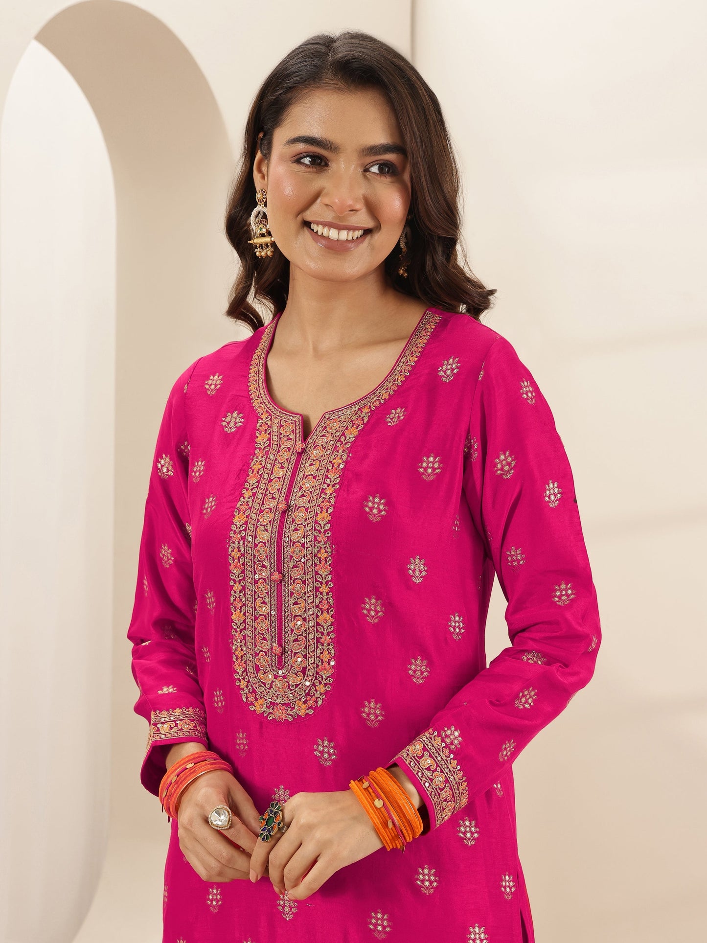 Pink Self Design Silk Blend Straight Suit Sets With Dupatta