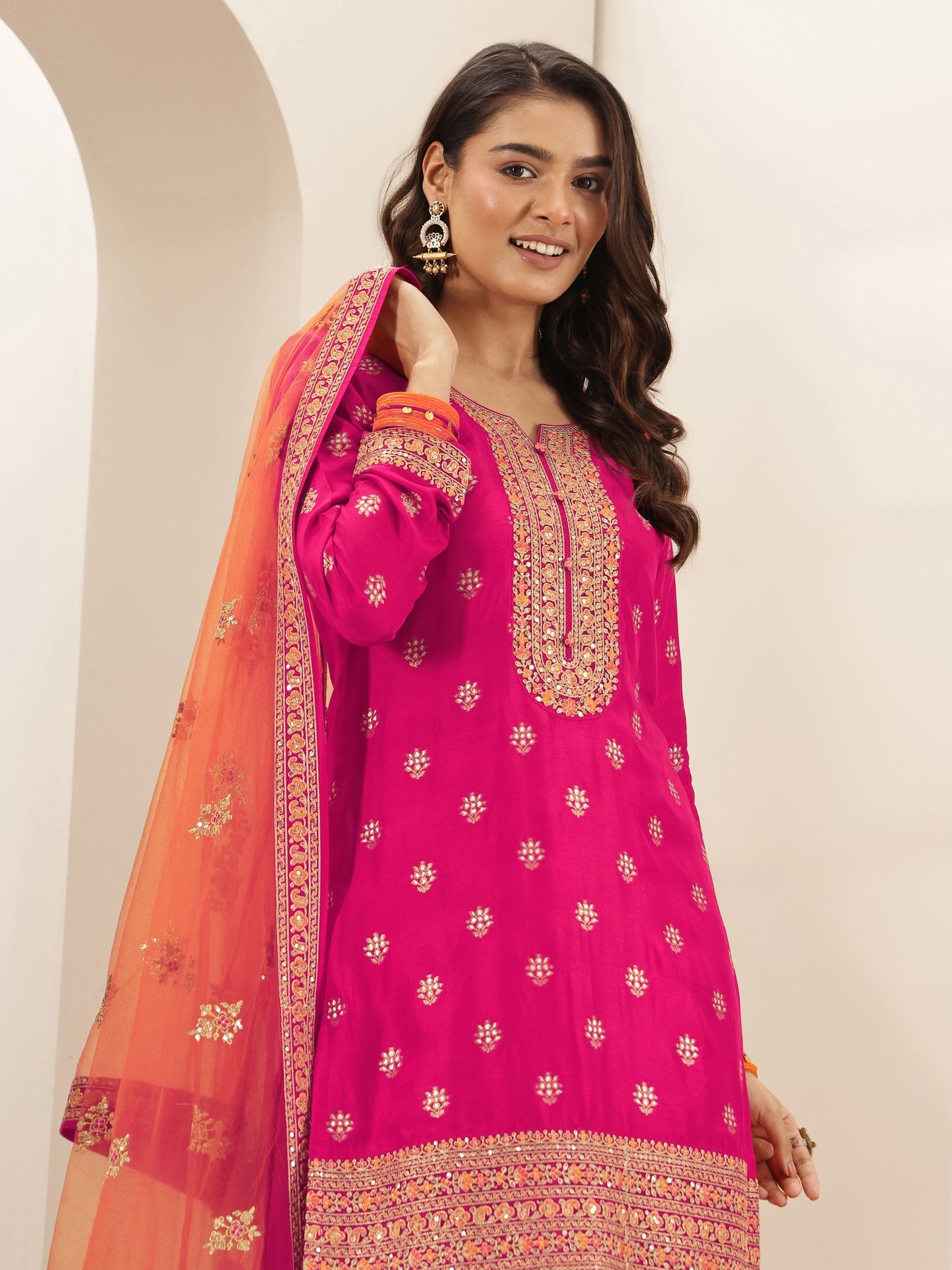Pink Self Design Silk Blend Straight Suit Sets With Dupatta