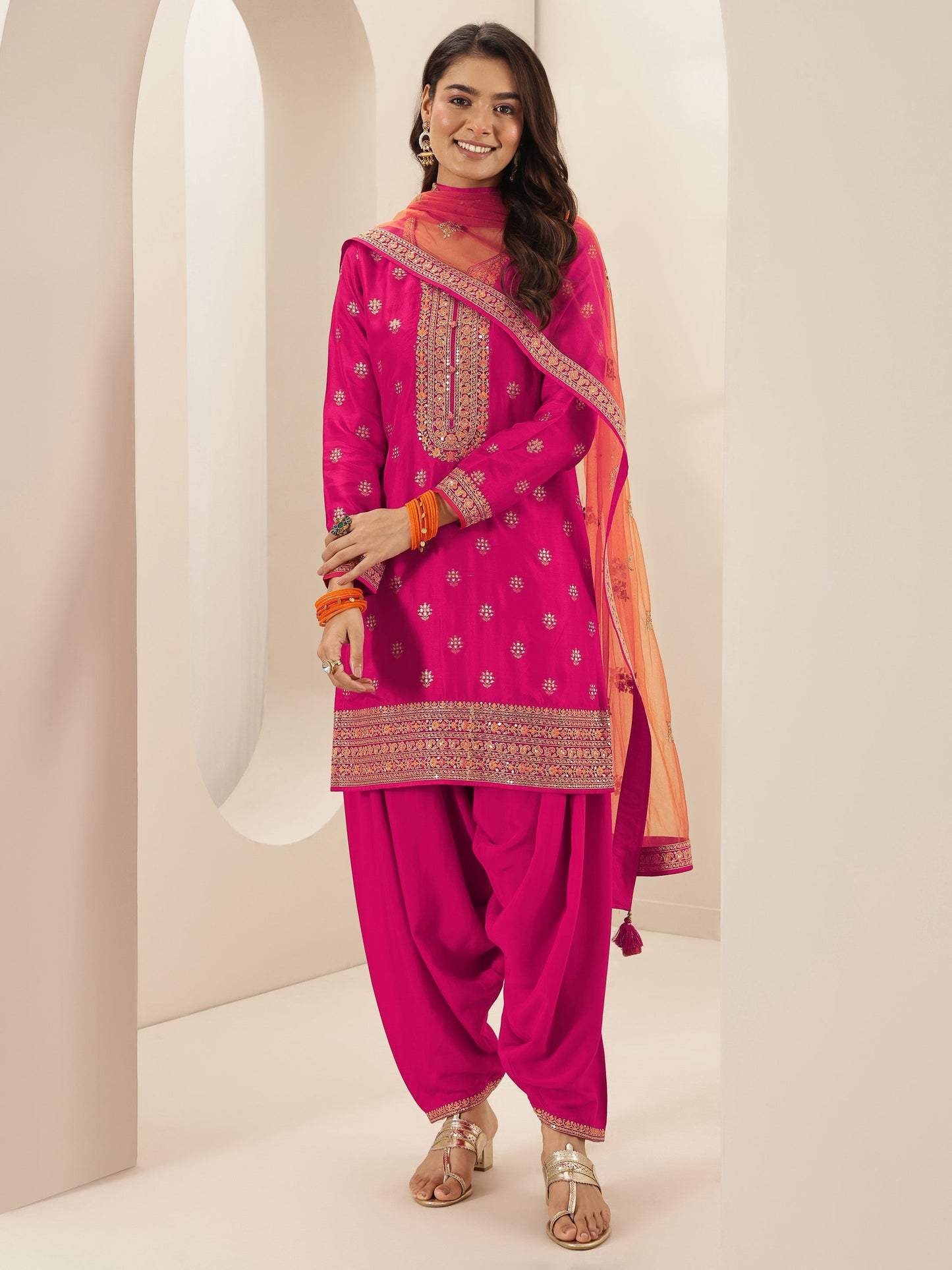 Pink Self Design Silk Blend Straight Suit Sets With Dupatta