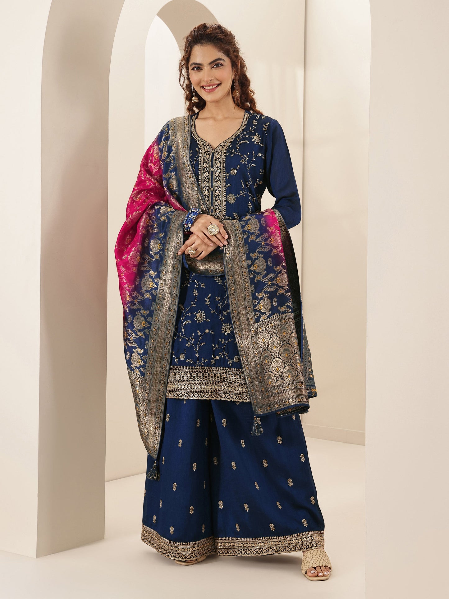 Libas Art Navy Embroidered Silk Blend Straight Suit Sets With Dupatta