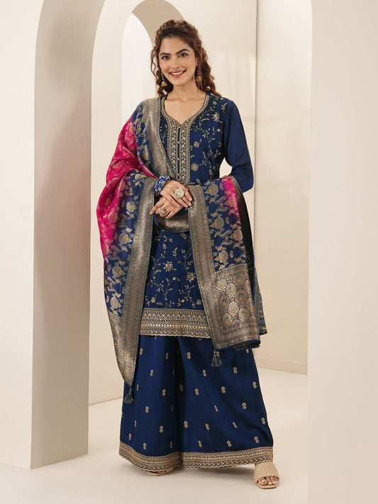 Libas Art Navy Embroidered Silk Blend Straight Suit Sets With Dupatta