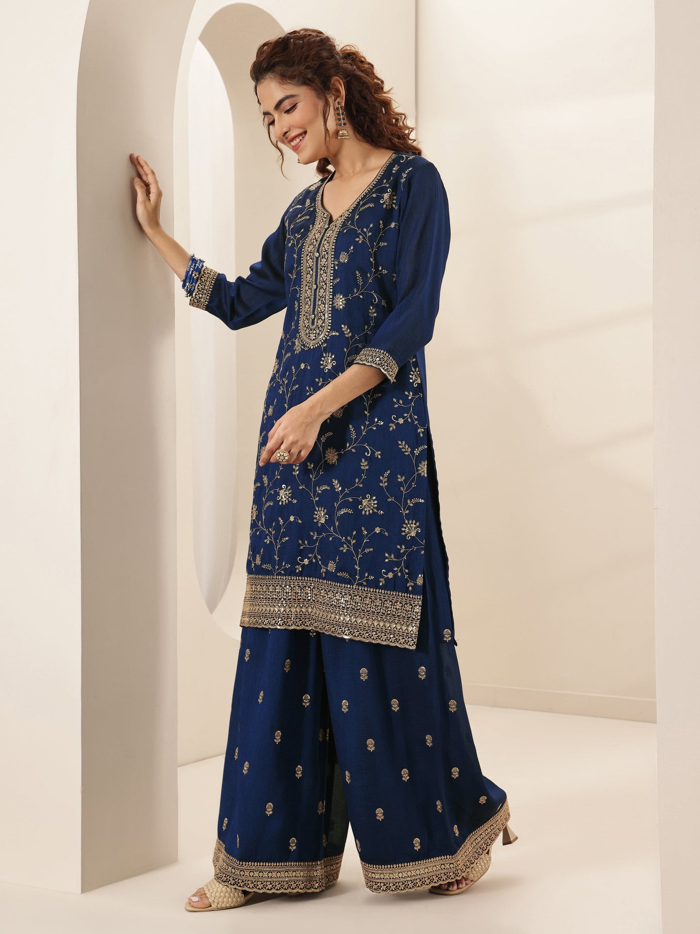 Libas Art Navy Embroidered Silk Blend Straight Suit Sets With Dupatta