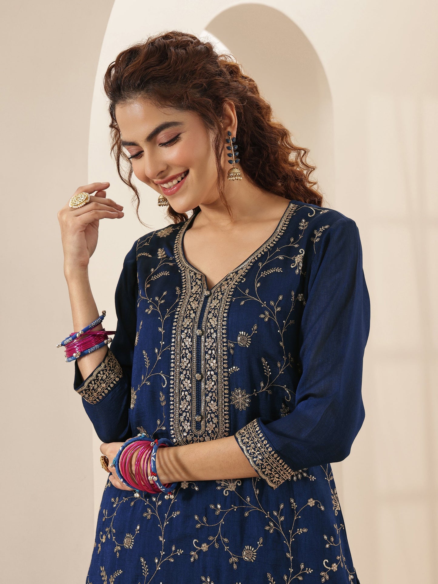 Libas Art Navy Embroidered Silk Blend Straight Suit Sets With Dupatta