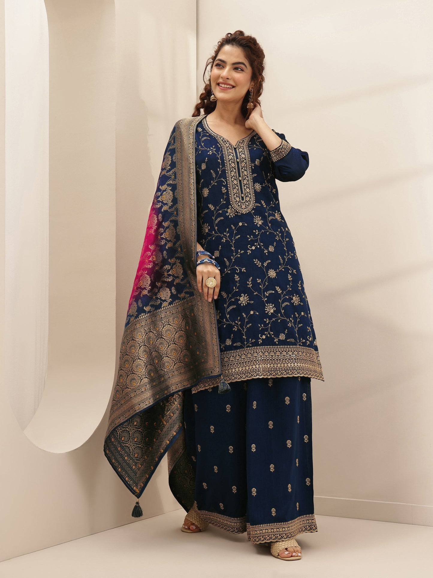 Libas Art Navy Embroidered Silk Blend Straight Suit Sets With Dupatta