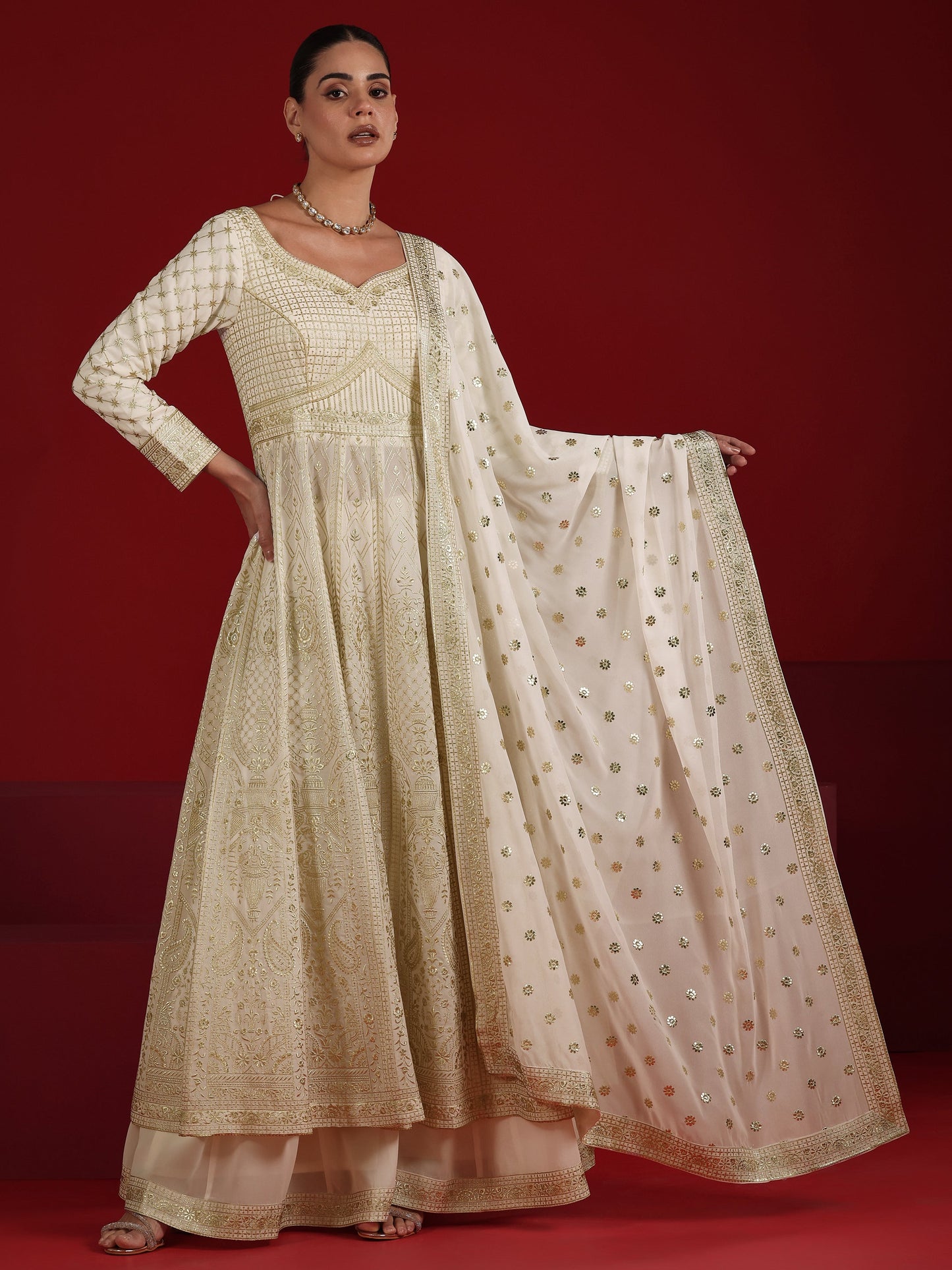 Libas Art Off White Embroidered Silk Blend Anarkali Suit Set With Dupatta