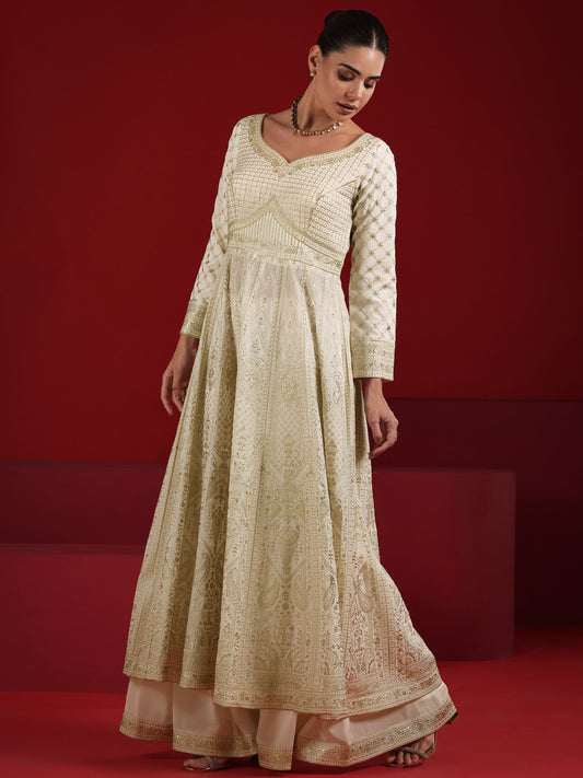 Libas Art Off White Embroidered Silk Blend Anarkali Suit Set With Dupatta