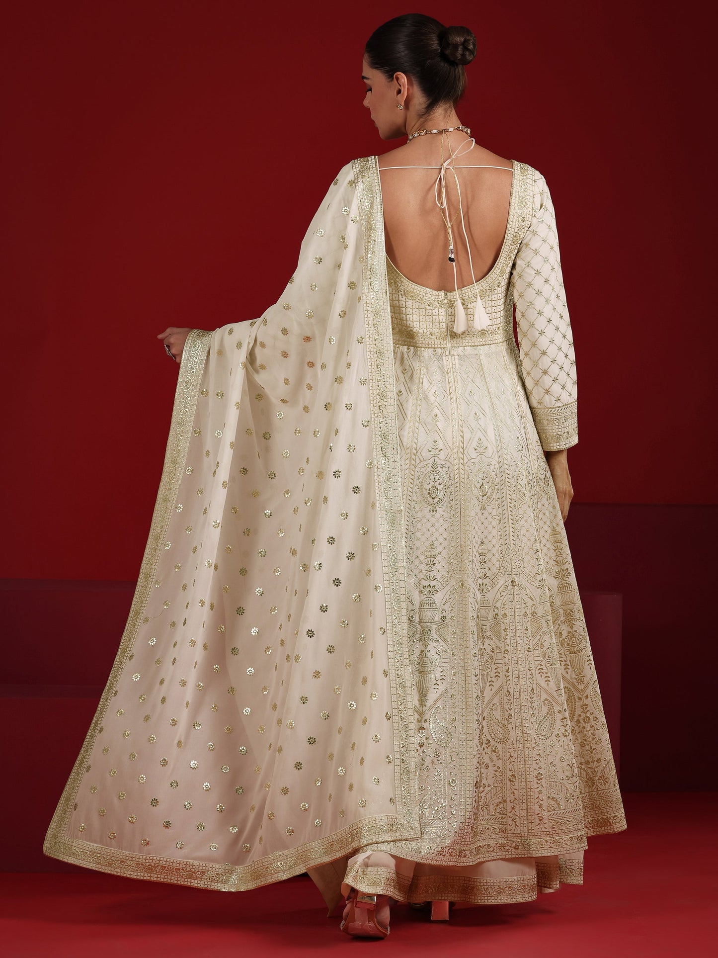 Libas Art Off White Embroidered Silk Blend Anarkali Suit Set With Dupatta