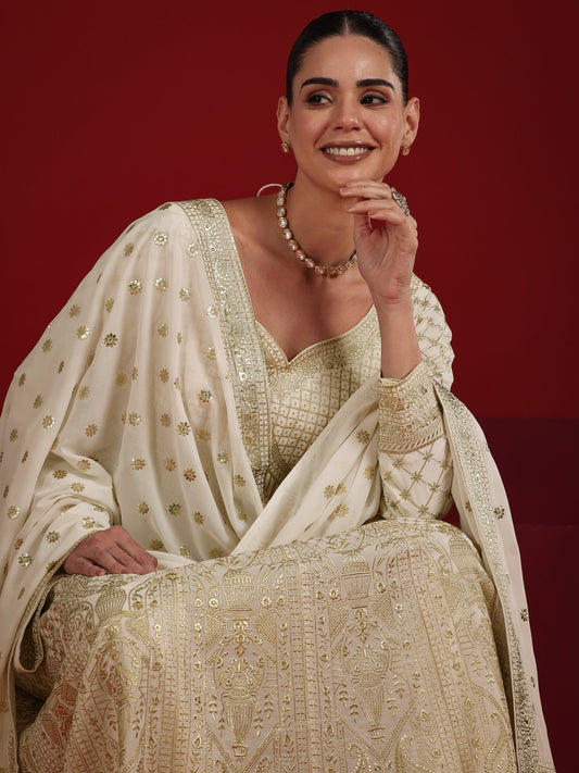 Libas Art Off White Embroidered Silk Blend Anarkali Suit Set With Dupatta