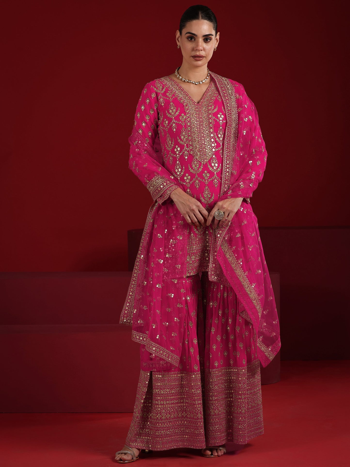 Libas Art Coral Embroidered Georgette Straight Suit Set With Dupatta