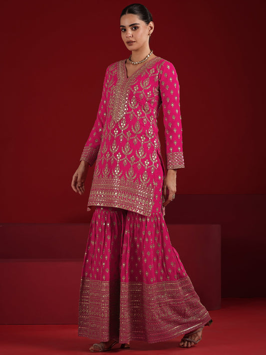 Libas Art Coral Embroidered Georgette Straight Suit Set With Dupatta