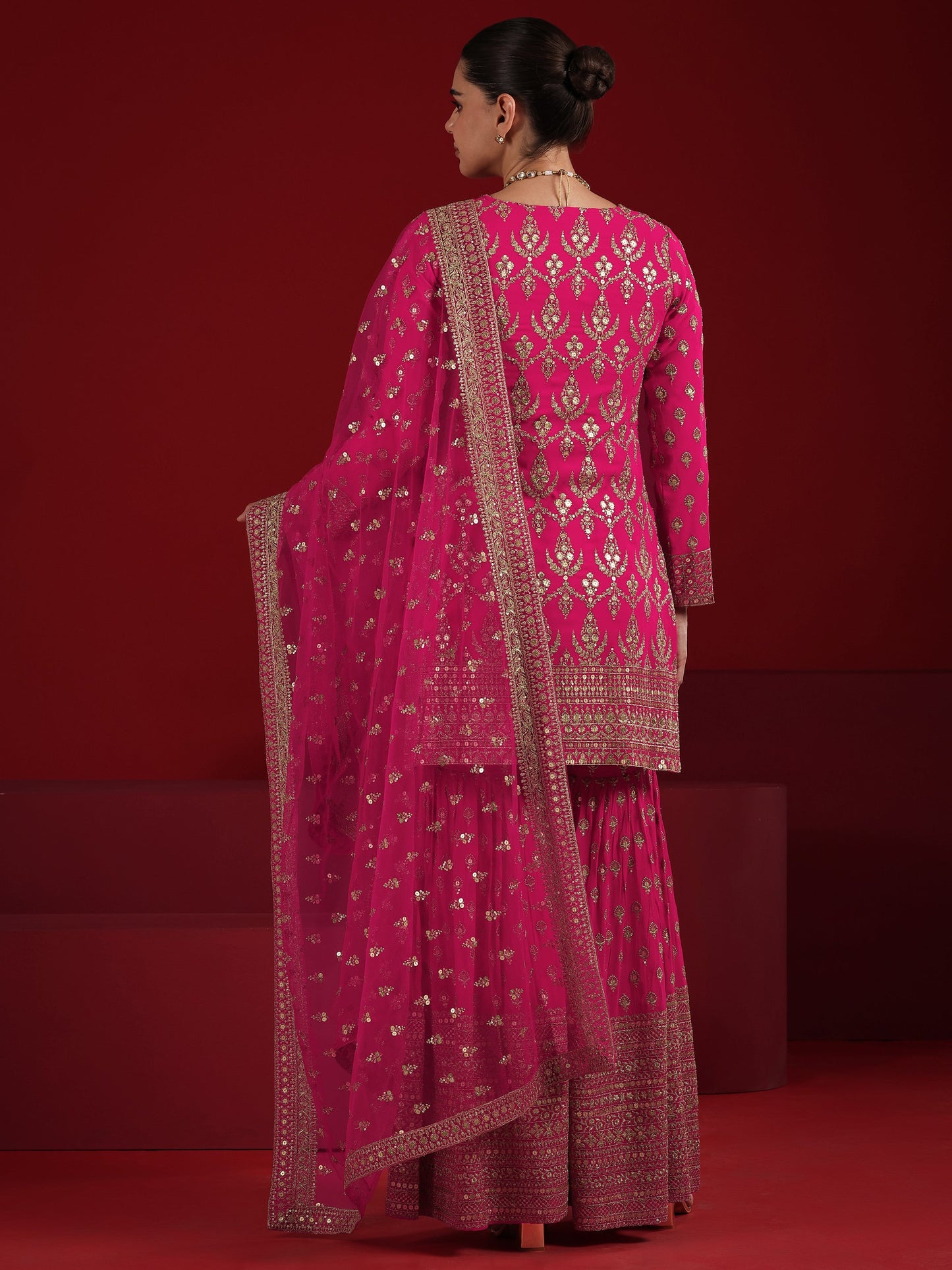 Libas Art Coral Embroidered Georgette Straight Suit Set With Dupatta