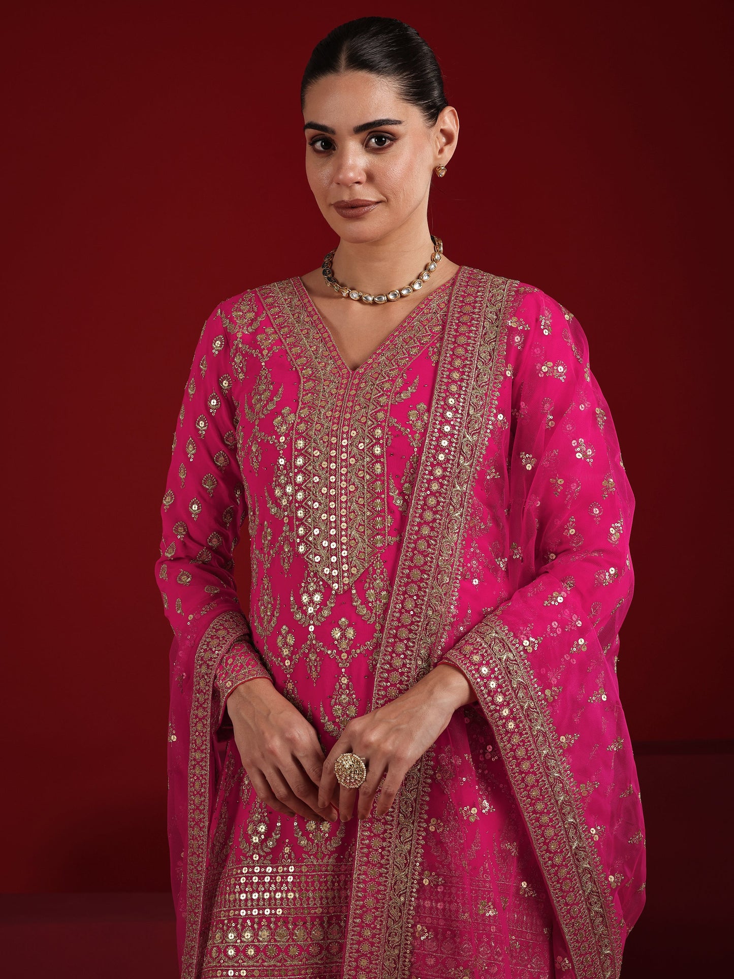 Libas Art Coral Embroidered Georgette Straight Suit Set With Dupatta