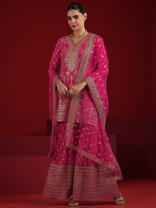 Libas Art Coral Embroidered Georgette Straight Suit Set With Dupatta