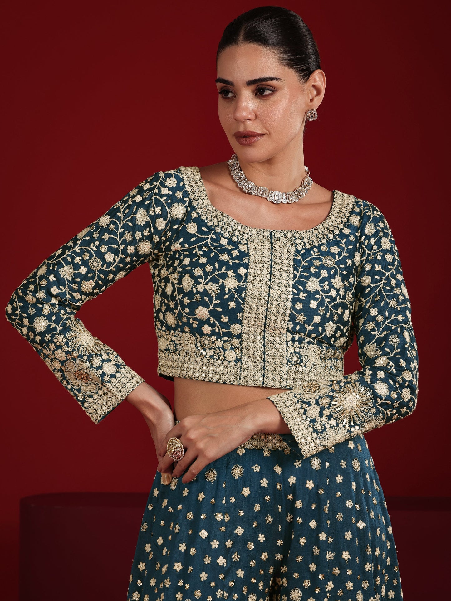 Libas Art Teal Embroidered Silk Blend 3 Piece Co-Ord Sets With Dupatta