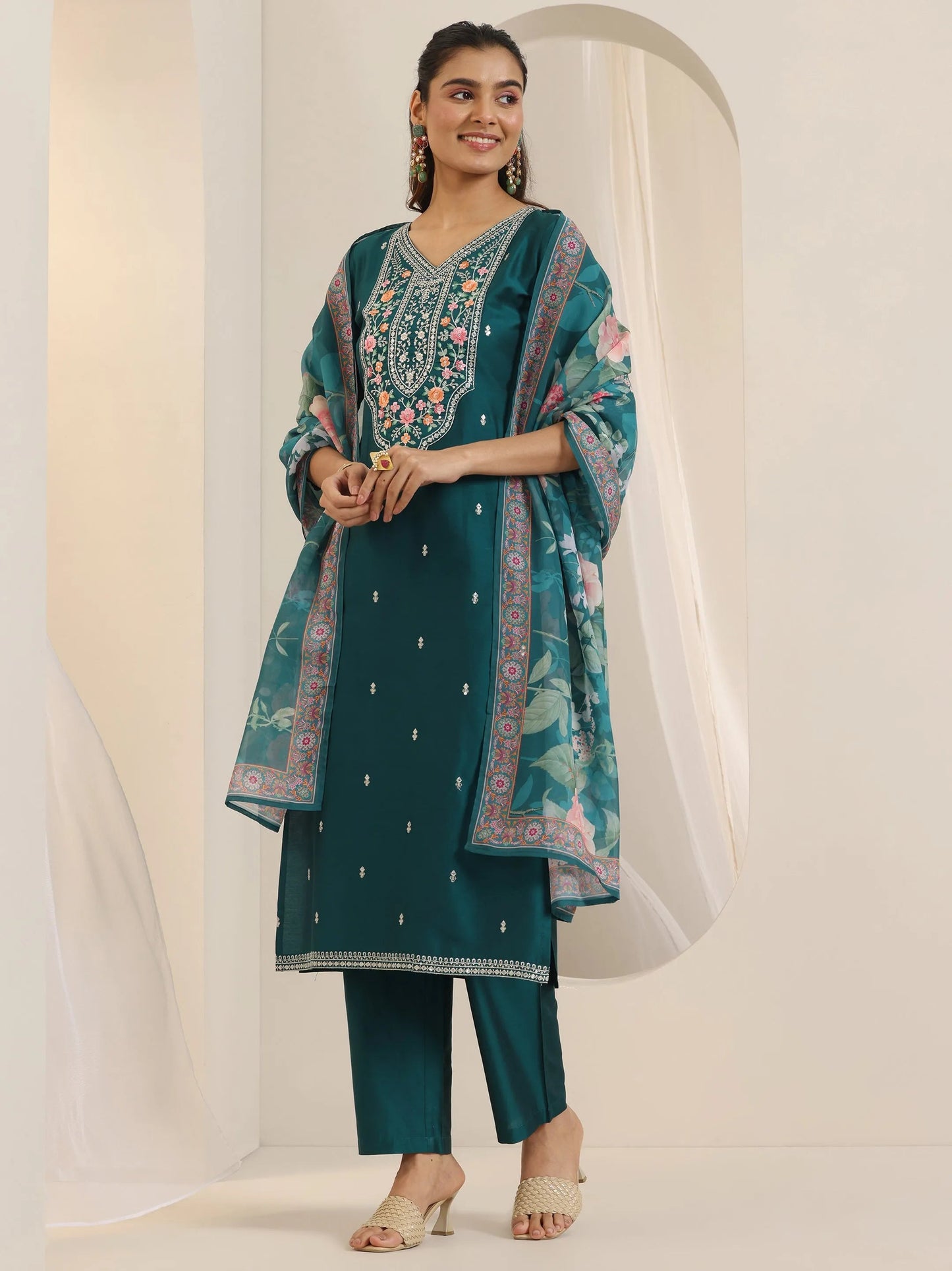 Teal Embroidered Silk Blend Straight Suit Set With Dupatta