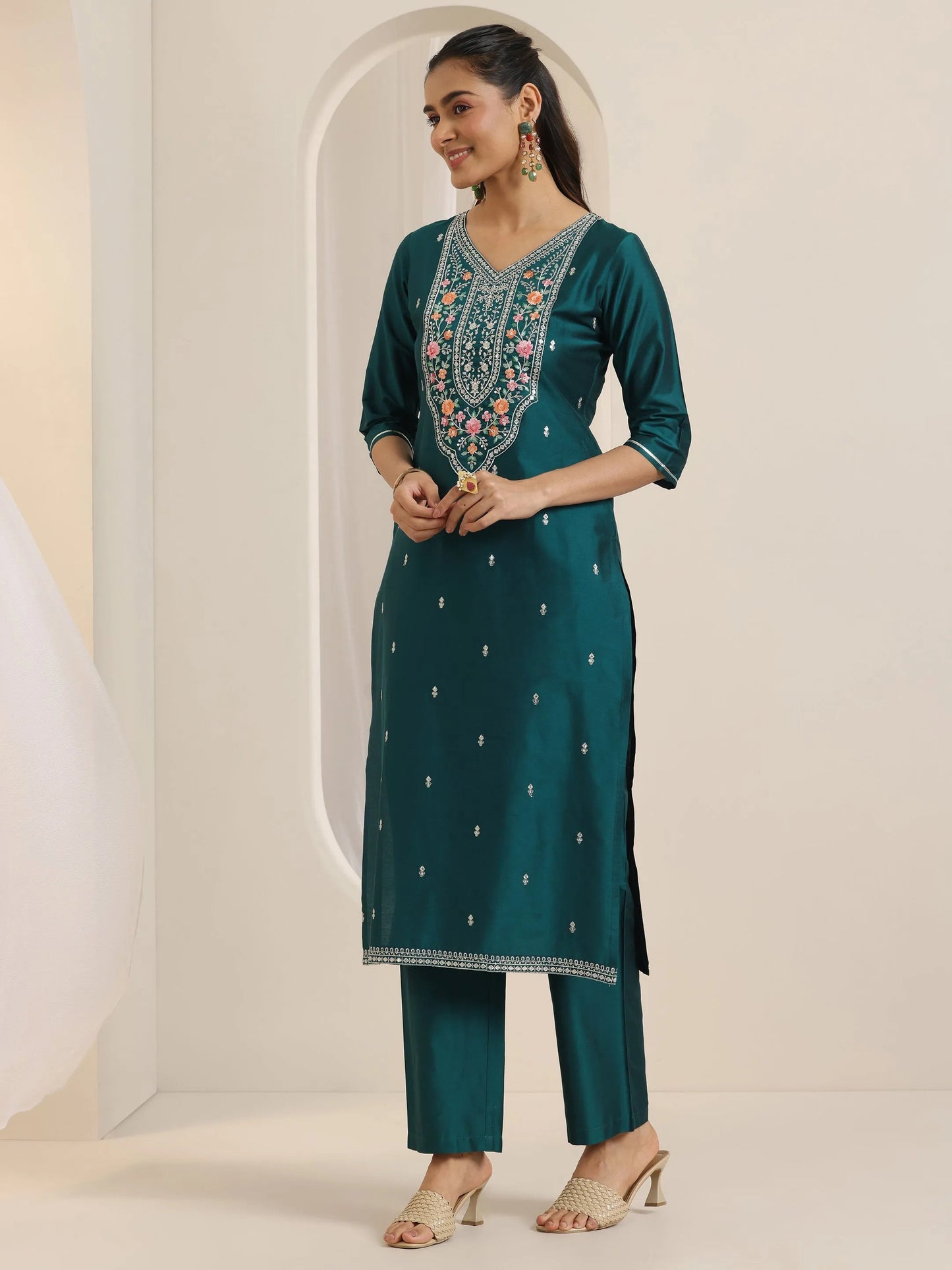 Teal Embroidered Silk Blend Straight Suit Set With Dupatta