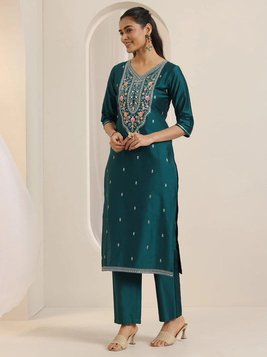 Teal Embroidered Silk Blend Straight Suit Set With Dupatta