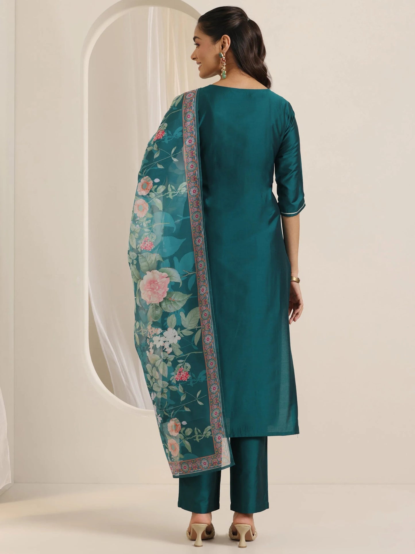 Teal Embroidered Silk Blend Straight Suit Set With Dupatta