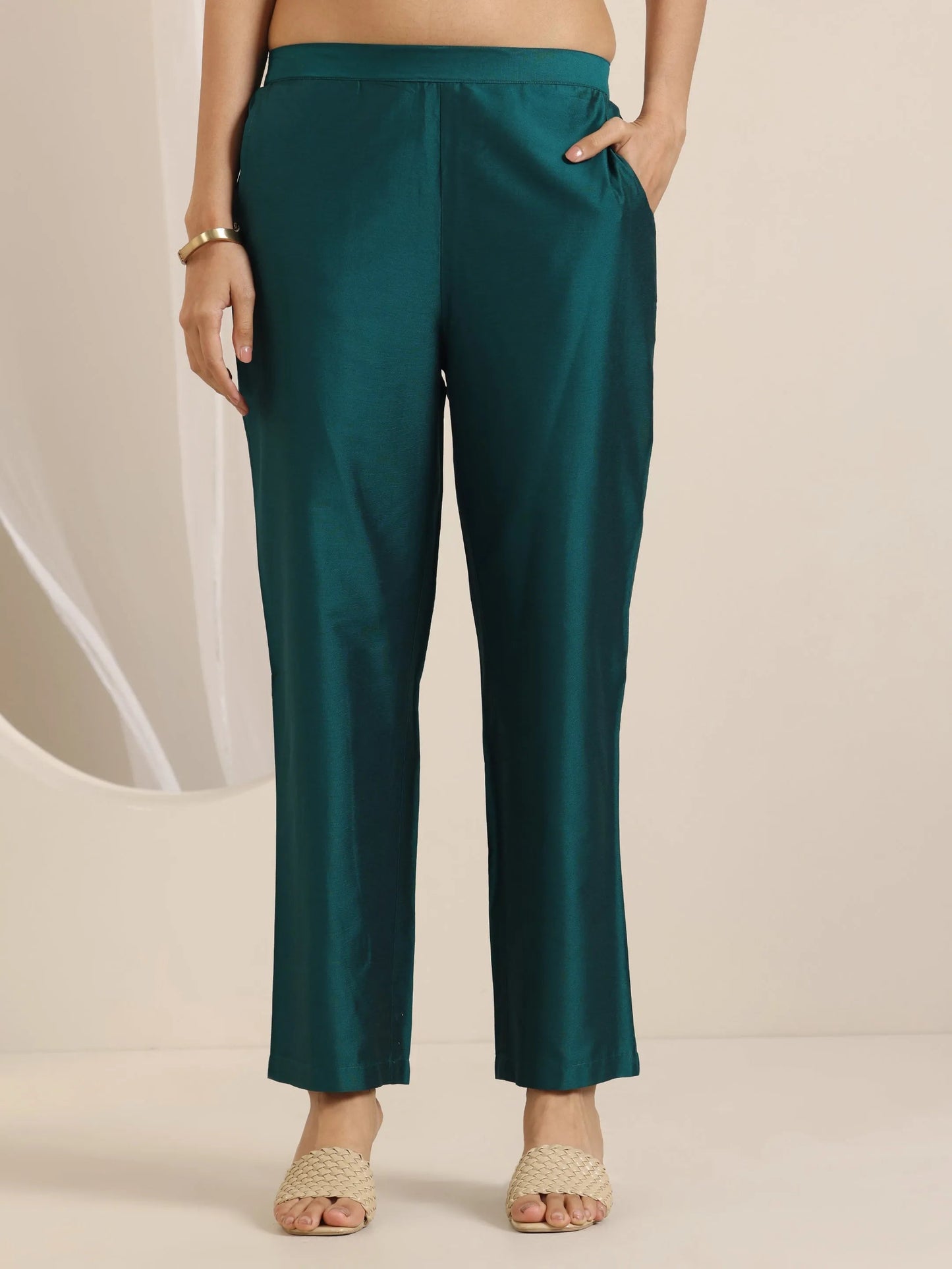 Teal Embroidered Silk Blend Straight Suit Set With Dupatta