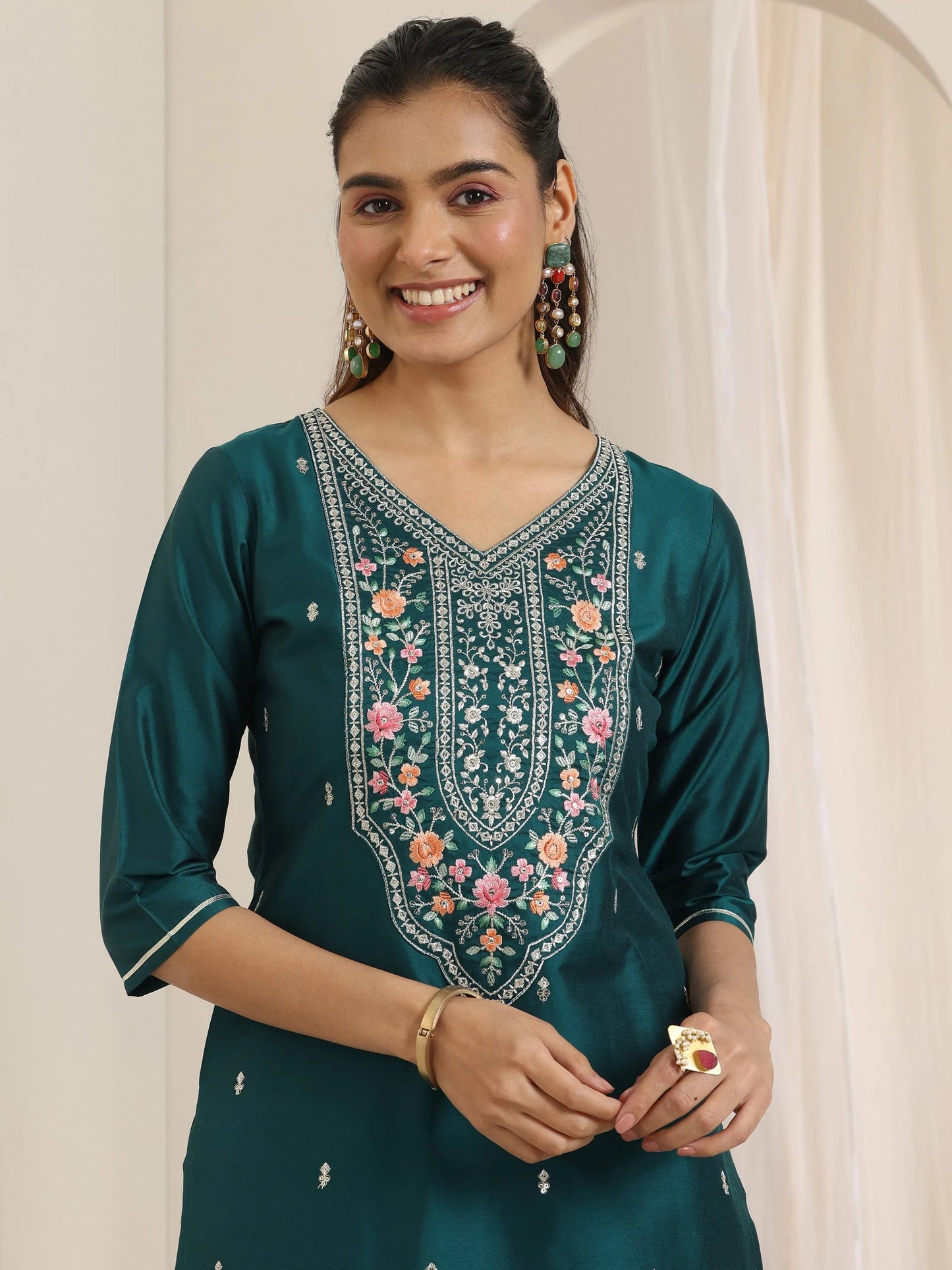 Teal Embroidered Silk Blend Straight Suit Set With Dupatta