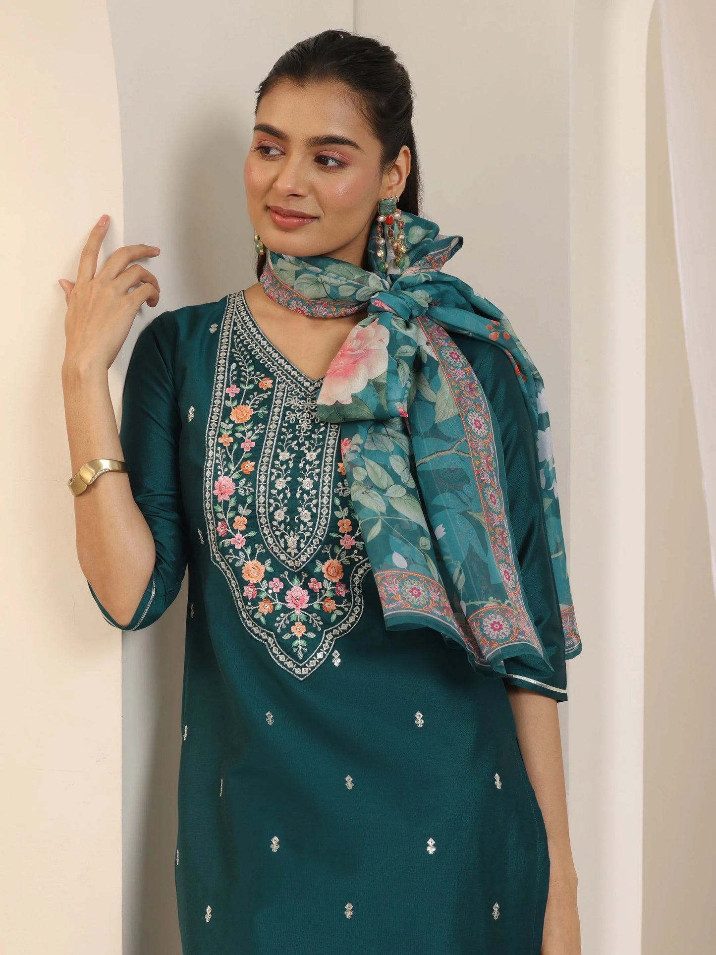 Teal Embroidered Silk Blend Straight Suit Set With Dupatta