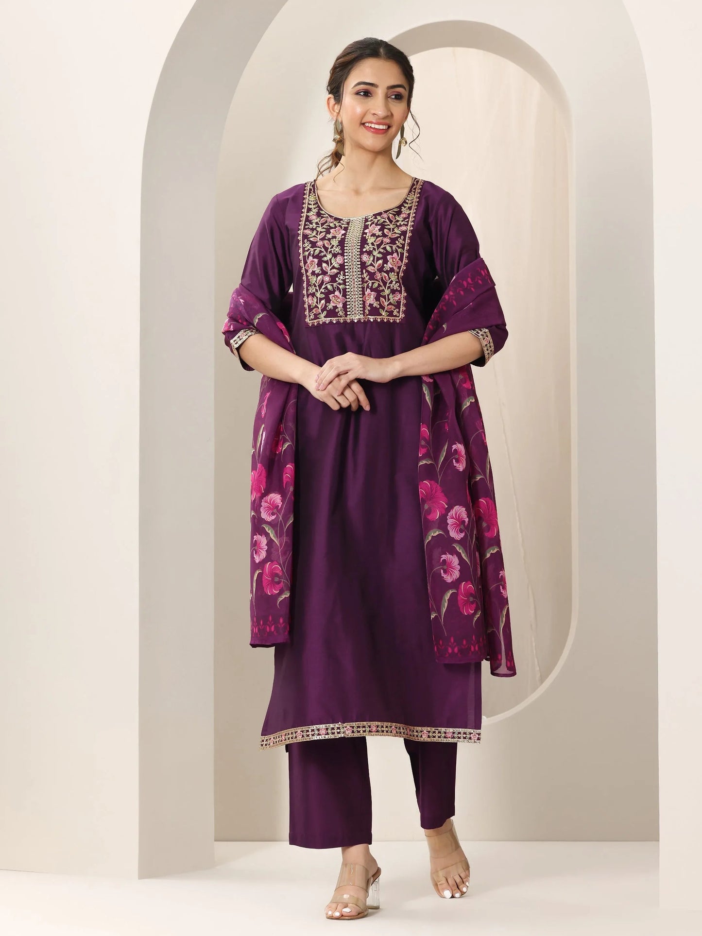 Burgundy Yoke Design Silk Blend Straight Suit Set With Dupatta