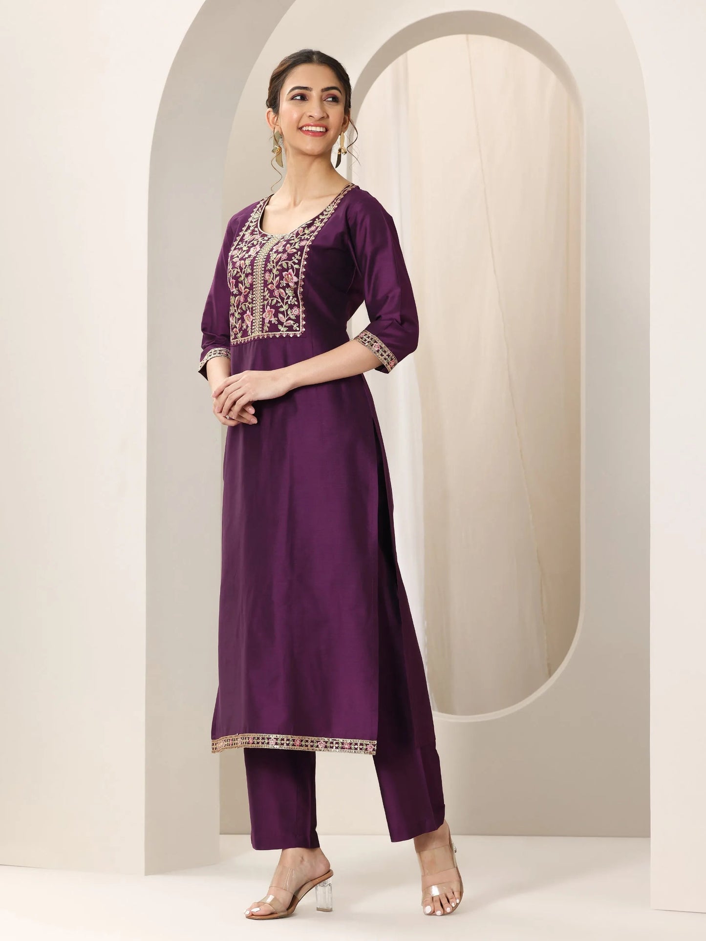 Burgundy Yoke Design Silk Blend Straight Suit Set With Dupatta