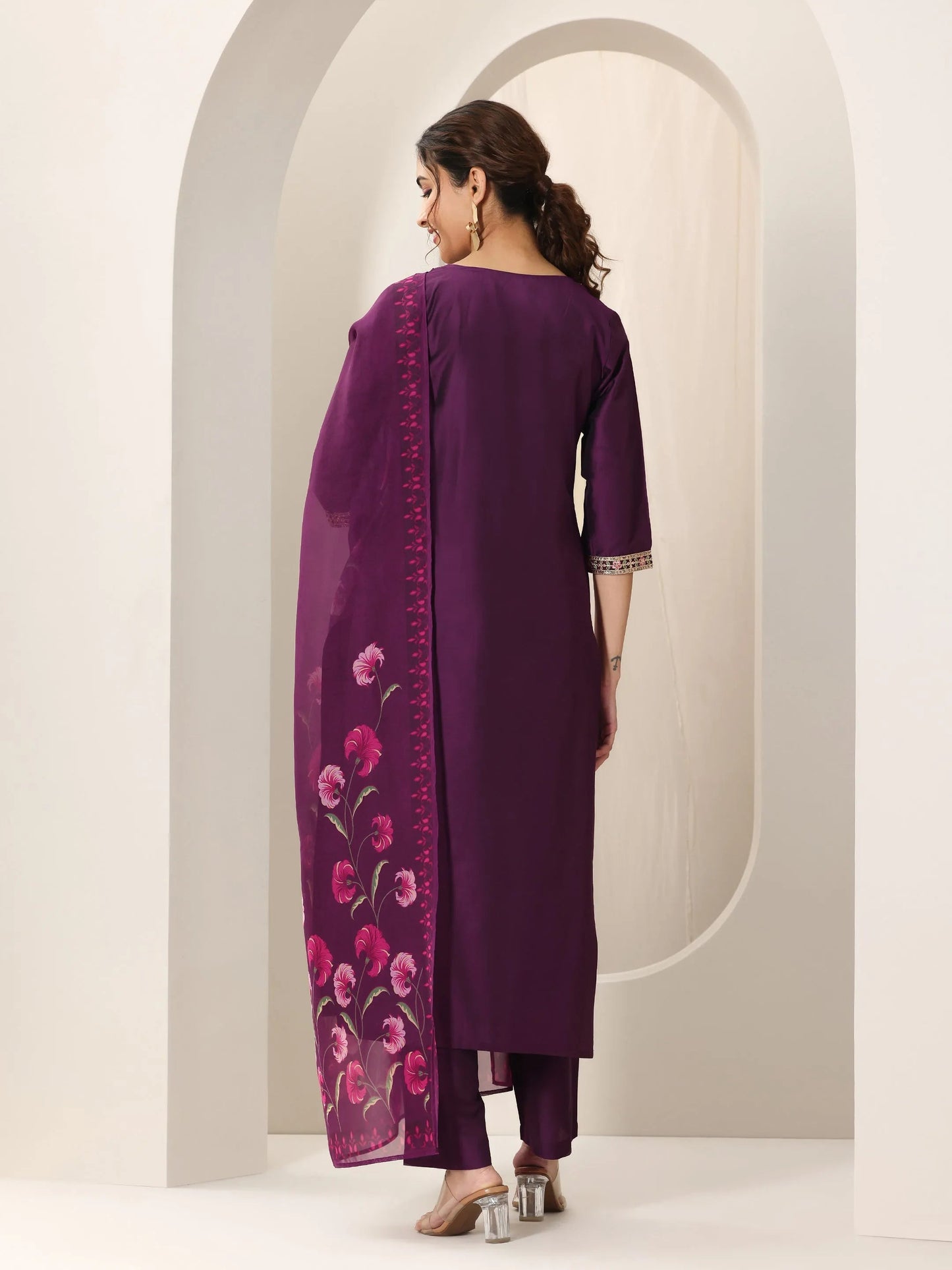 Burgundy Yoke Design Silk Blend Straight Suit Set With Dupatta