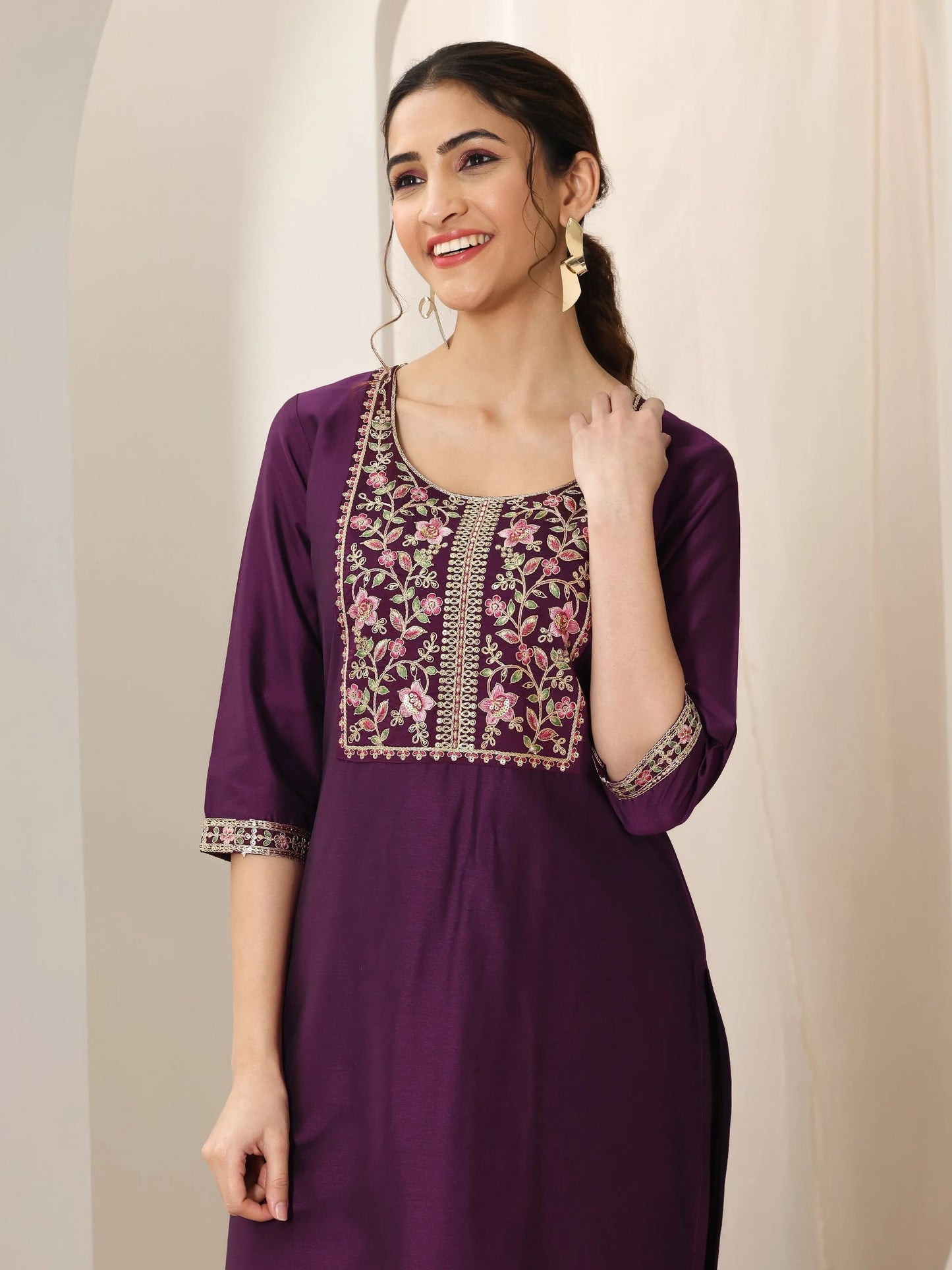 Burgundy Yoke Design Silk Blend Straight Suit Set With Dupatta