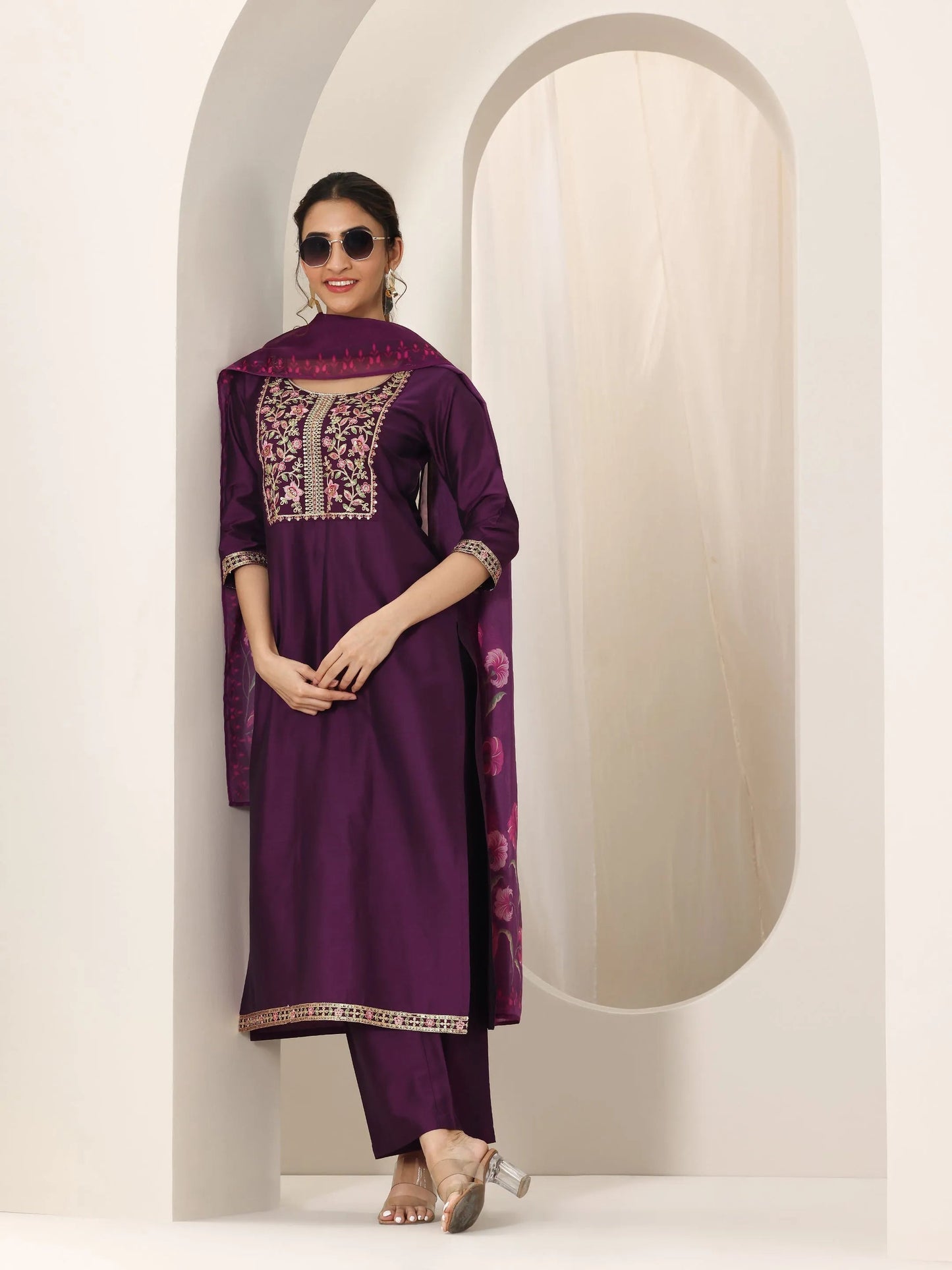 Burgundy Yoke Design Silk Blend Straight Suit Set With Dupatta