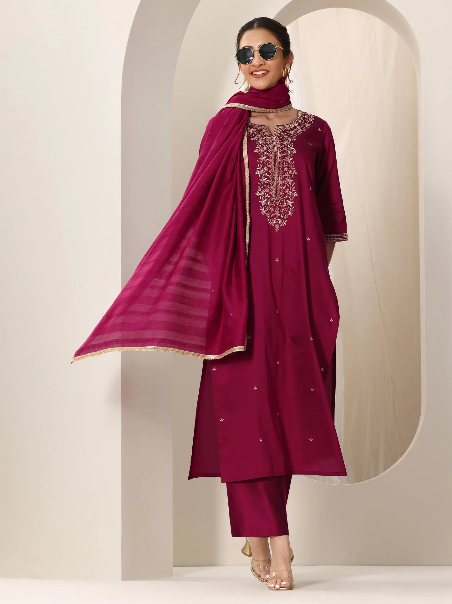 Pink Embroidered Silk Blend Straight Suit Set With Dupatta