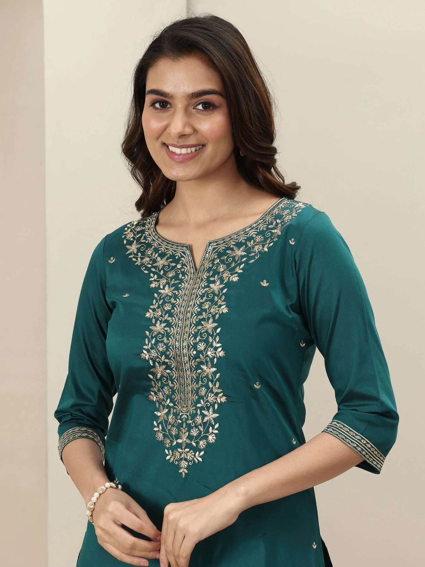 Teal Embroidered Silk Blend Straight Suit Set With Dupatta