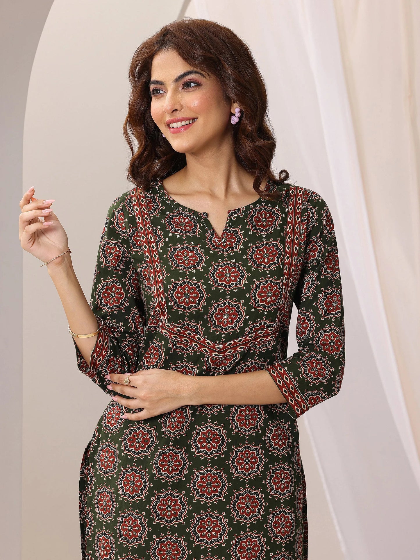 Green Printed Cotton Straight Suit Set With Dupatta