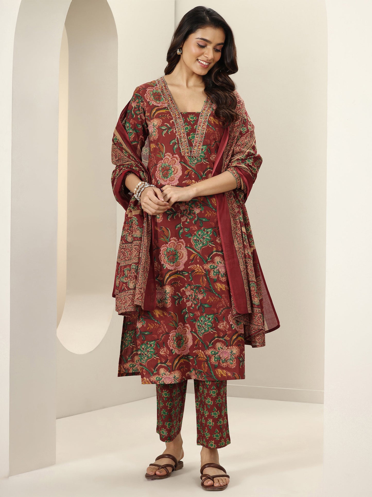 Maroon Printed Cotton Straight Suit Sets With Dupatta