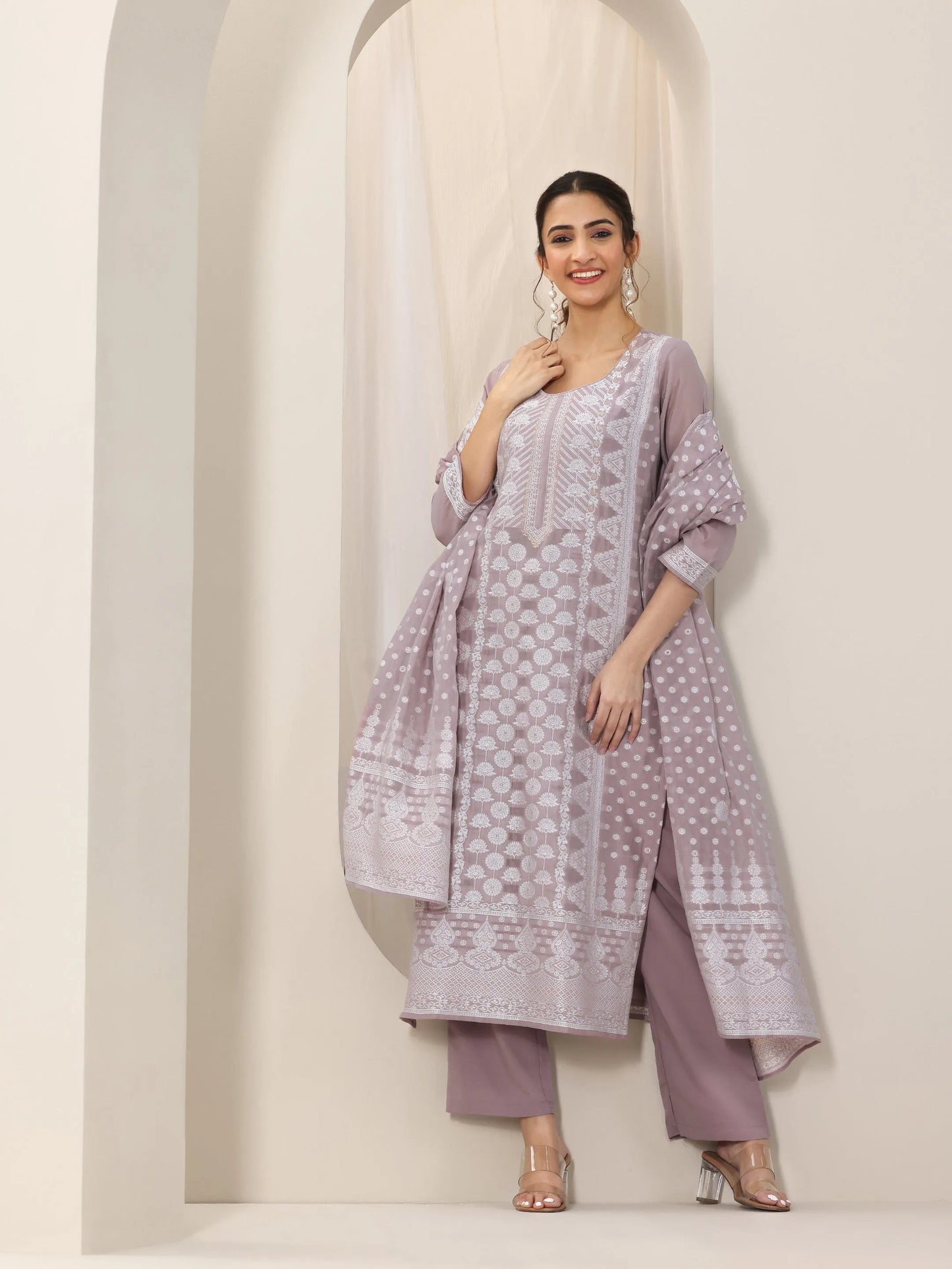 Mauve Woven Design Chanderi Silk Straight Suit Set With Dupatta