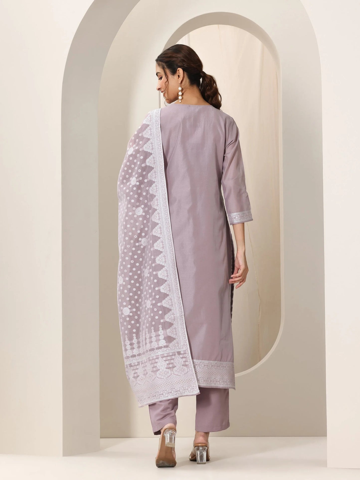Mauve Woven Design Chanderi Silk Straight Suit Set With Dupatta