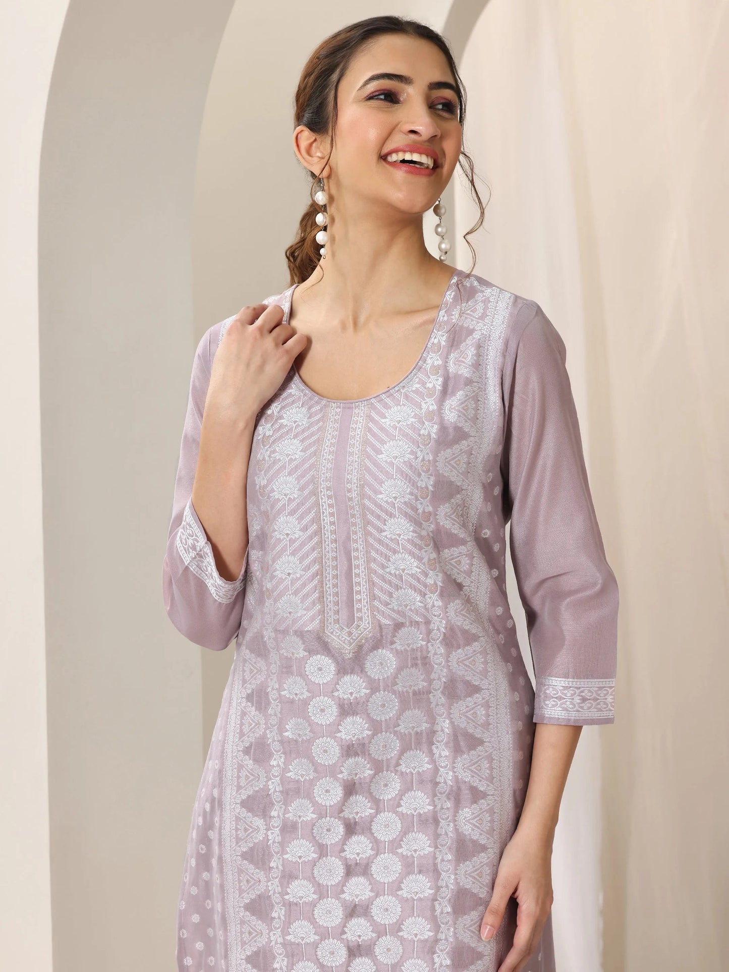 Mauve Woven Design Chanderi Silk Straight Suit Set With Dupatta