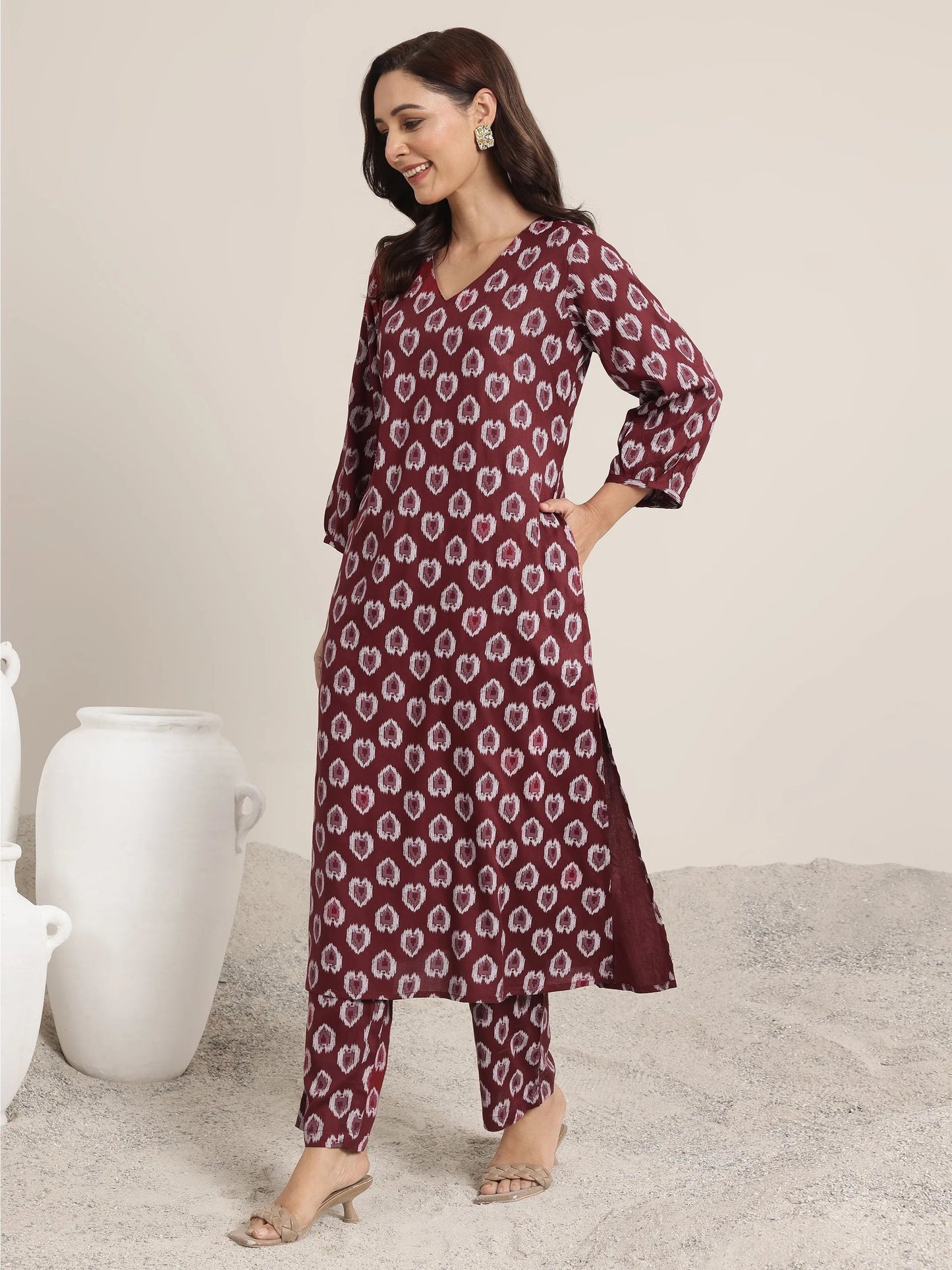 Maroon Printed Rayon Straight Kurta Set
