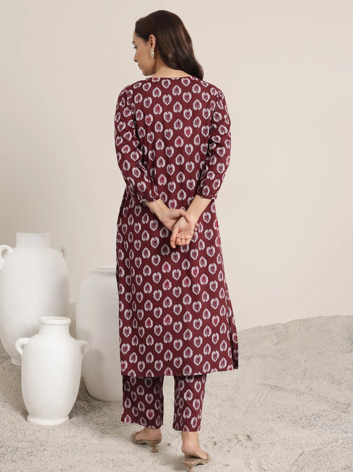 Maroon Printed Rayon Straight Kurta Set