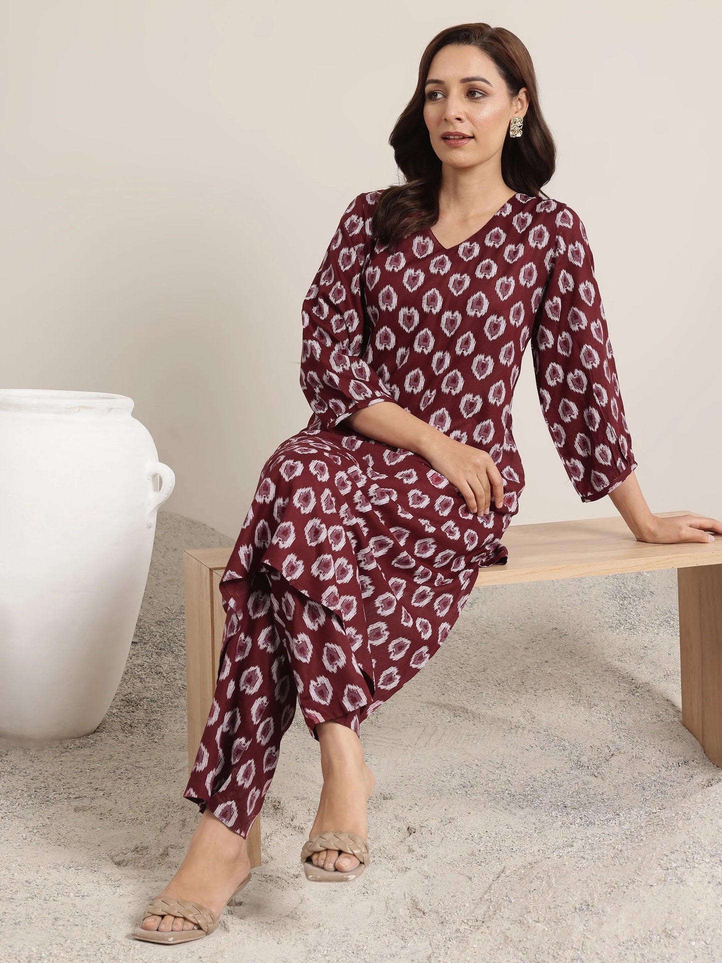 Maroon Printed Rayon Straight Kurta Set