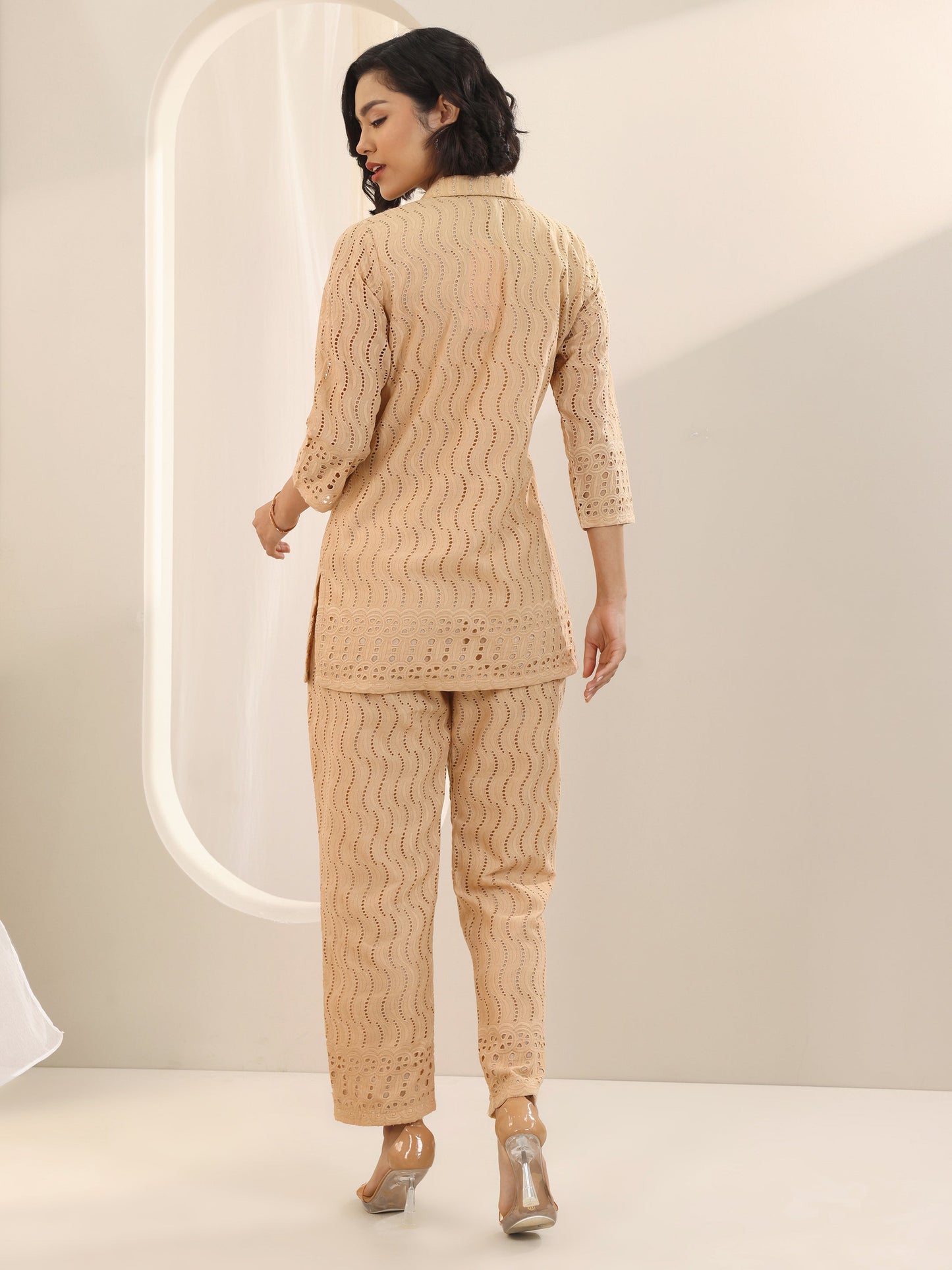 Beige Self Design Cotton Co-Ord Sets