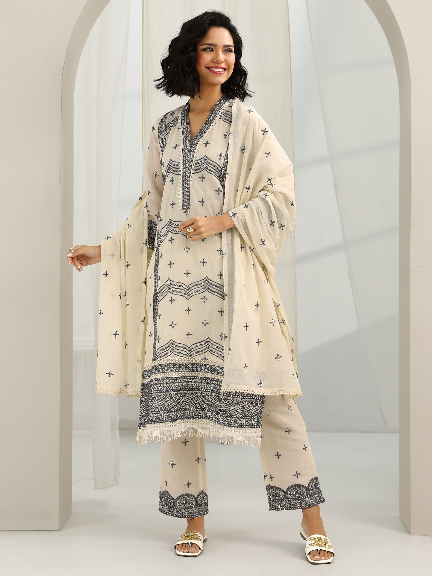 Off White Embroidered Cotton Straight Suit Set With Dupatta