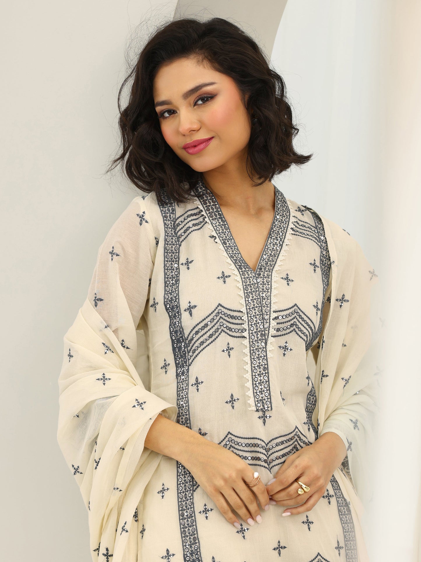 Off White Embroidered Cotton Straight Suit Set With Dupatta