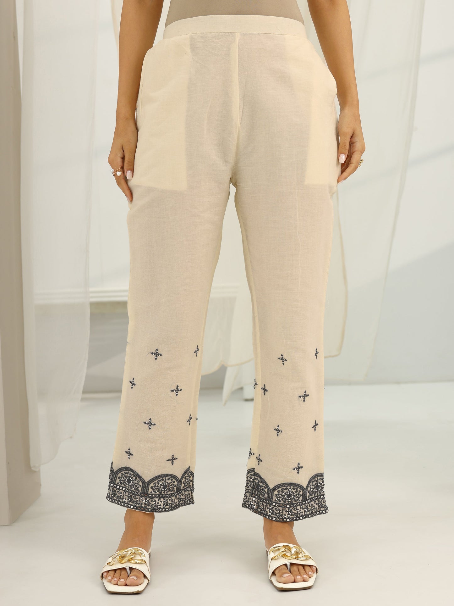 Off White Embroidered Cotton Straight Suit Set With Dupatta