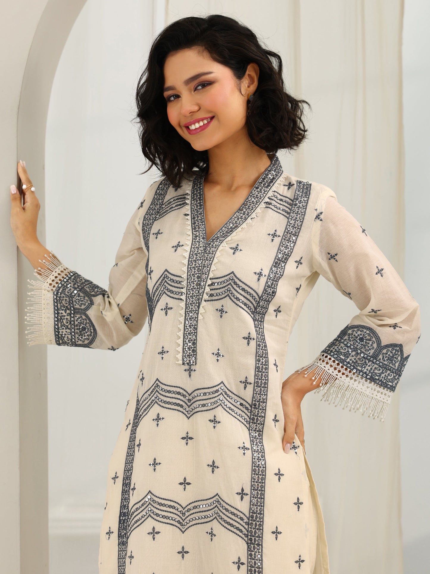 Off White Embroidered Cotton Straight Suit Set With Dupatta
