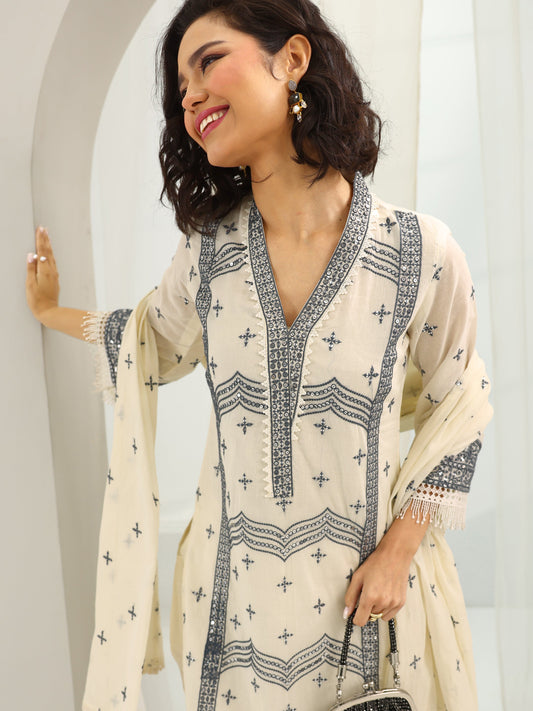 Off White Embroidered Cotton Straight Suit Set With Dupatta